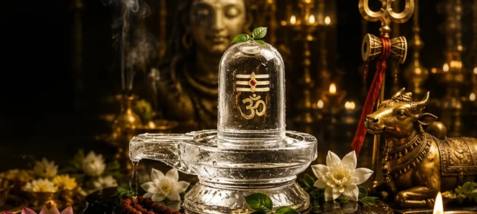 A crystal shivling among lotus flowers and rudraksha malas