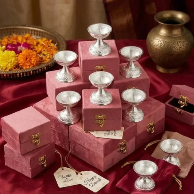 Silver-Plated Diya Set with Velvet Gift Boxes